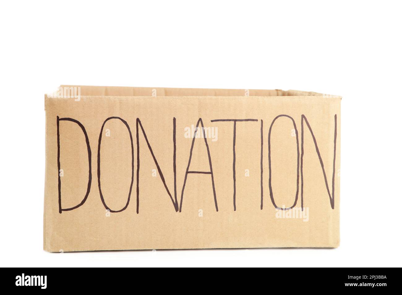 Empty cardboard donation box isolated on white background. Top view
