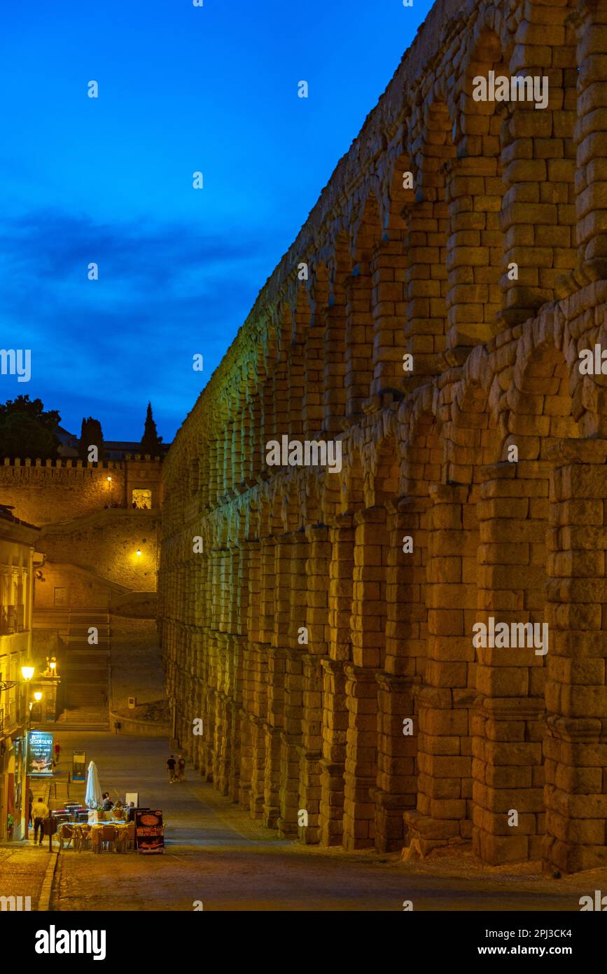 Segovia, Spain, June 7, 2022: Night view of famous aqueduct at Segovia ...