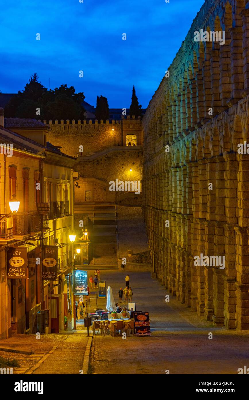 Segovia, Spain, June 7, 2022: Night view of famous aqueduct at Segovia ...