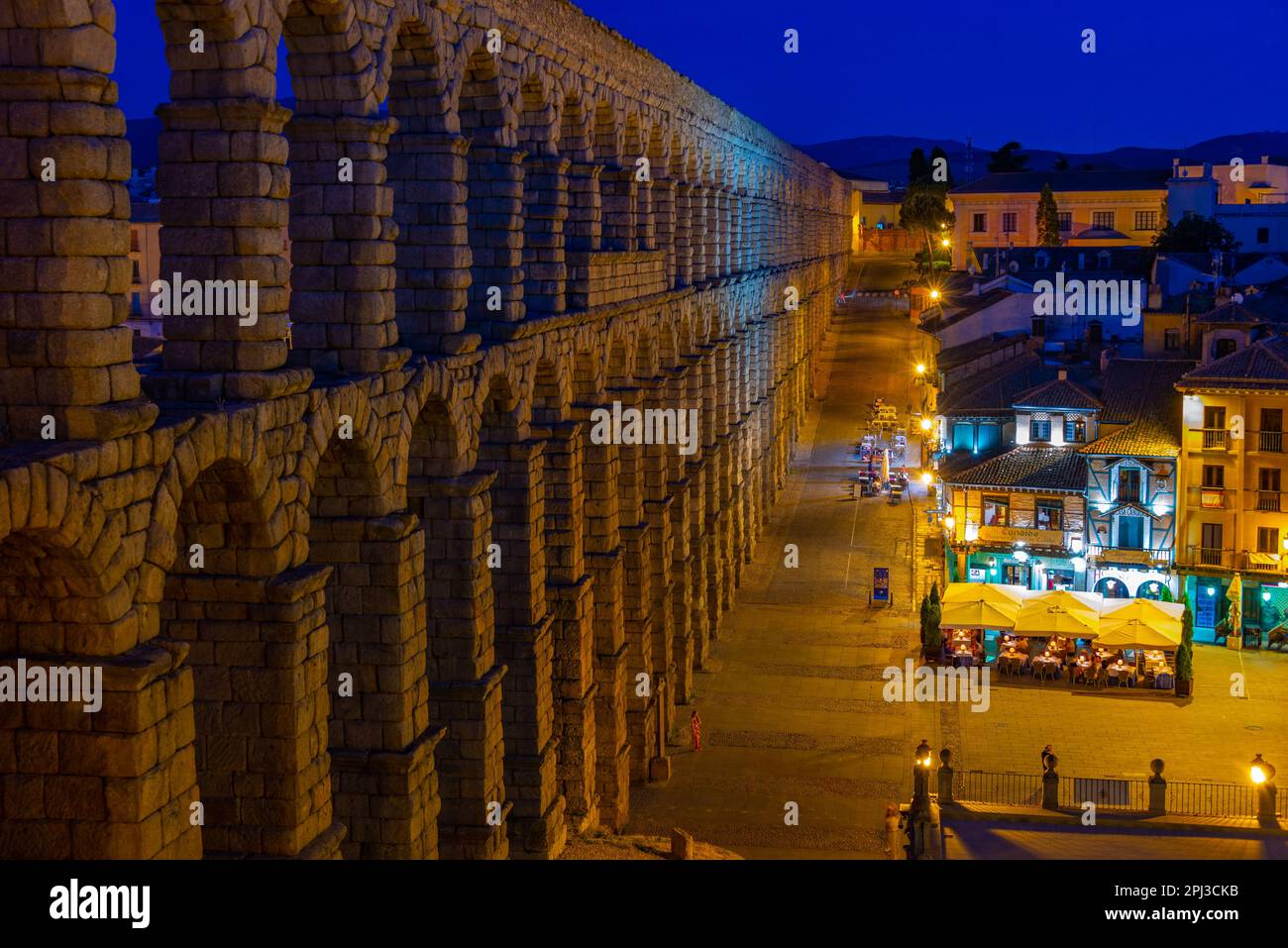 Segovia, Spain, June 7, 2022: Night view of famous aqueduct at Segovia ...