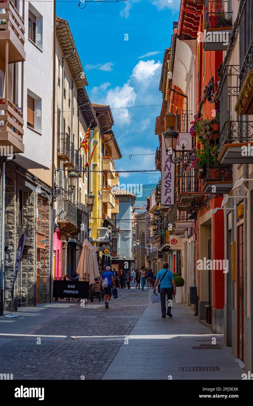 Jaca, Spain, May 31, 2022 Colorful facades of houses in Spanish town