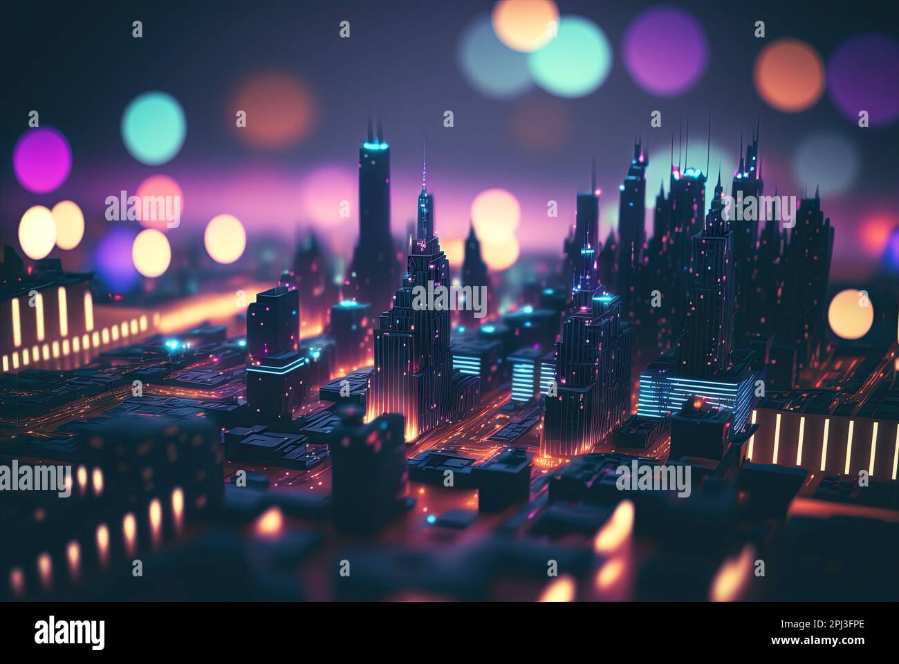 Abstract neon city aerial view. Technology concept of night cityscape with blue lights in