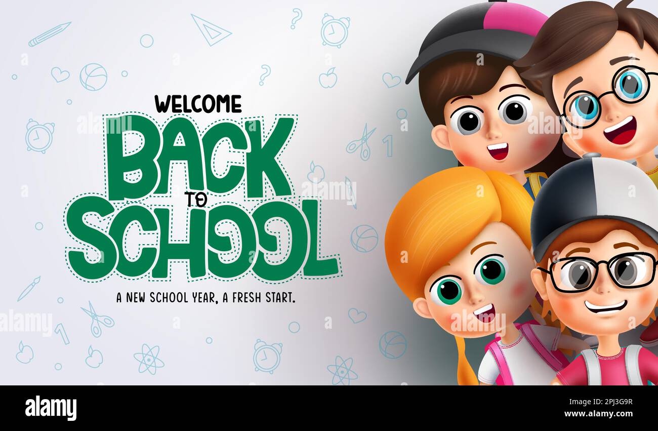 Back to school characters vector background. Welcome back to school greeting text with friendly pupil student characters. Vector illustration Stock Vector