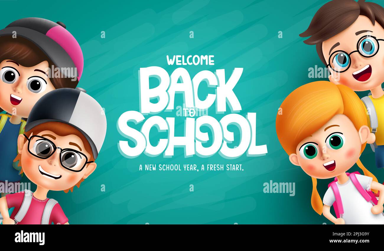 Back to school vector background. Back to school text with student characters in chalkboard element background. Vector illustration back to school. Stock Vector