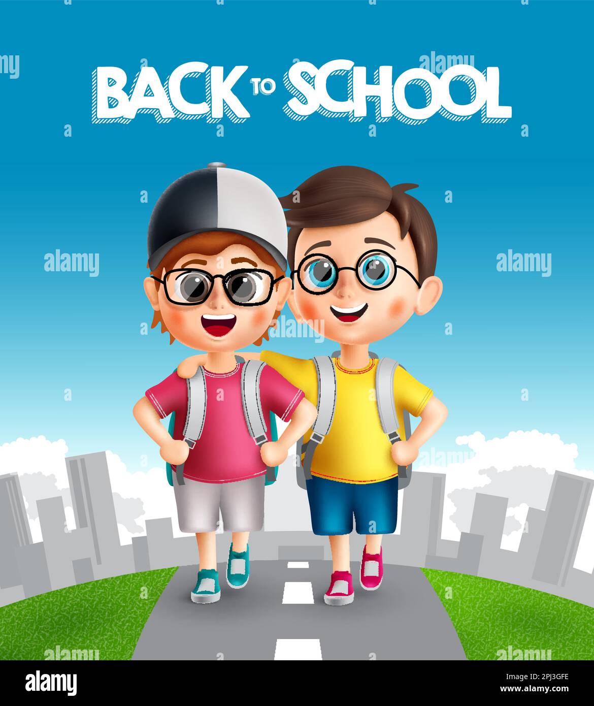 Back to school vector design. Back to school text with student boy characters walking outdoor. Vector illustration student characters background. Stock Vector