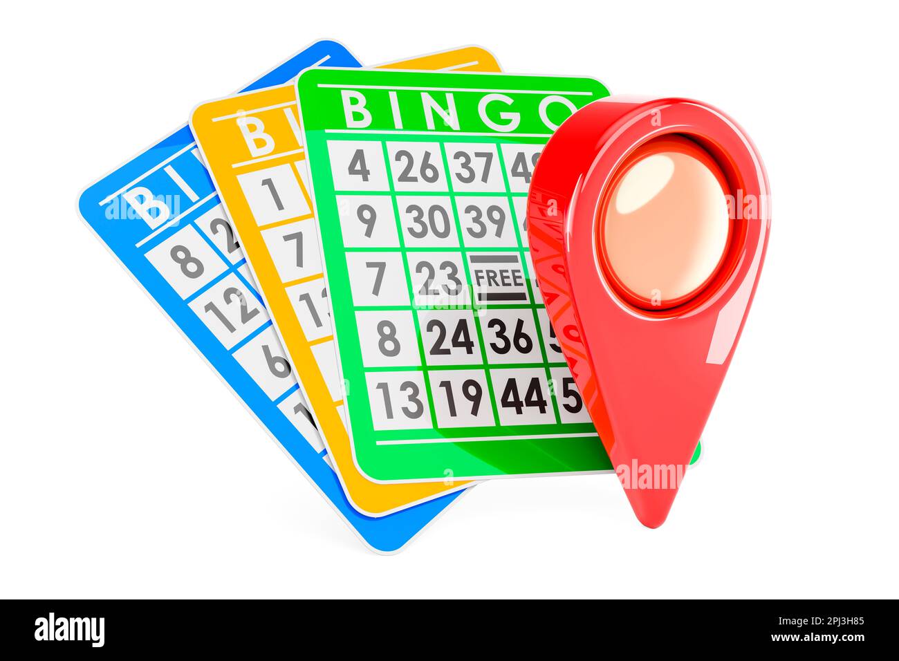 Bingo cards with map pointer, 3D rendering isolated on white background