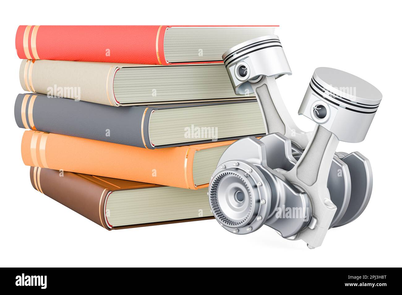Engine piston with books. Automotive courses concept. 3D rendering