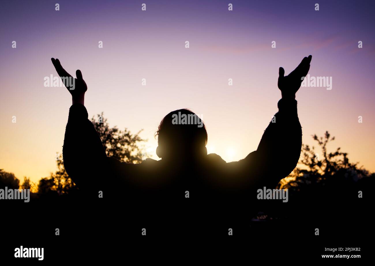 Rear View of a Happy Man with Hands Up Silhouette on the Evening Sky ...