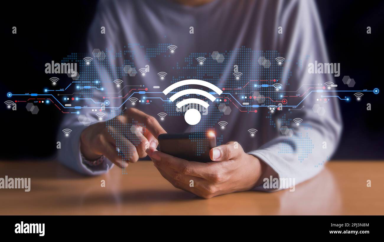 Use business smartphone with wifi icon, business communication social ...