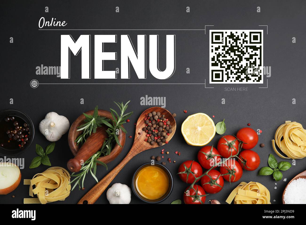 Scan QR code for contactless menu. Flat lay composition with cooking