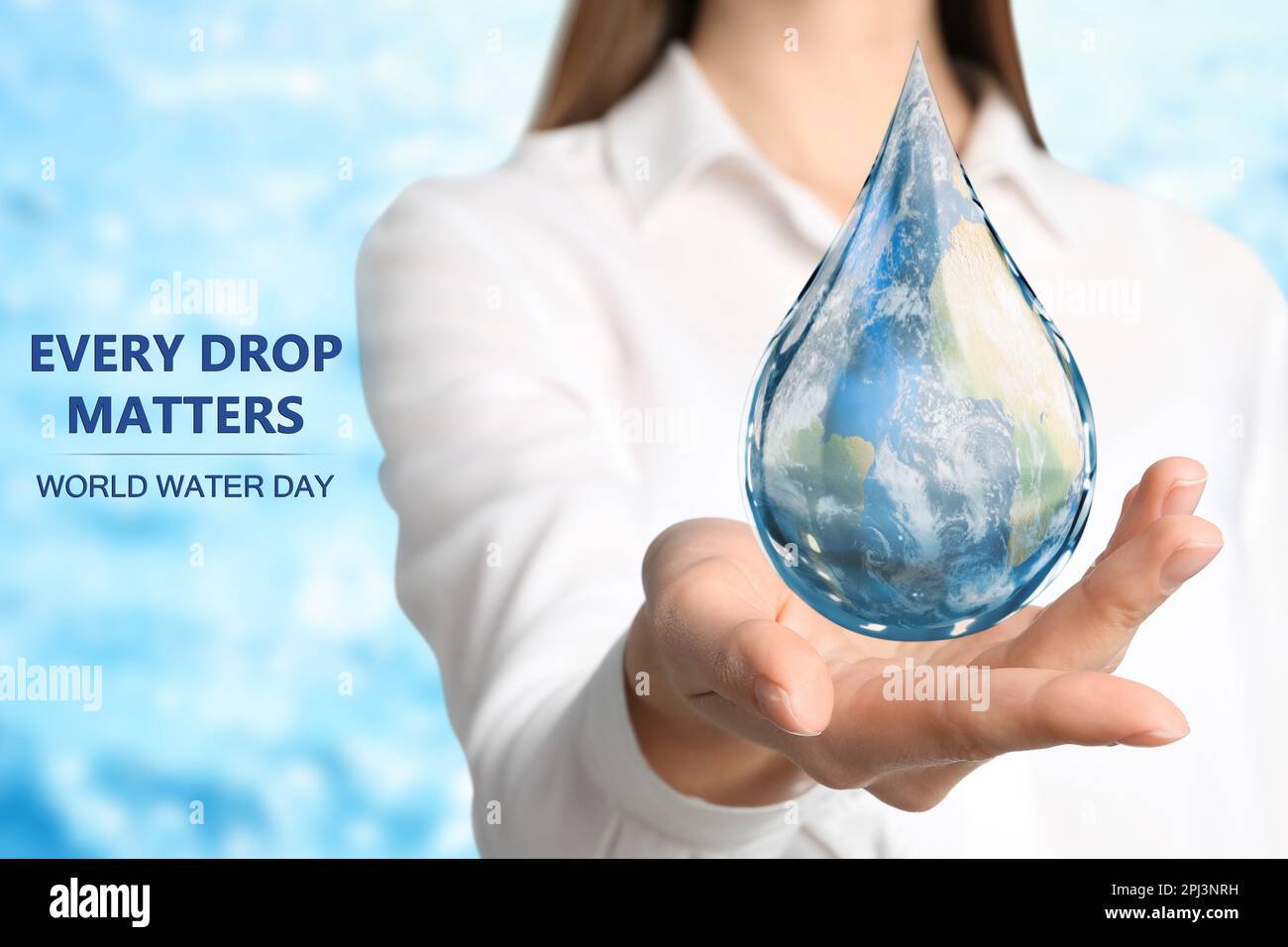 World Water Day. Woman holding icon of drop with Earth image inside on