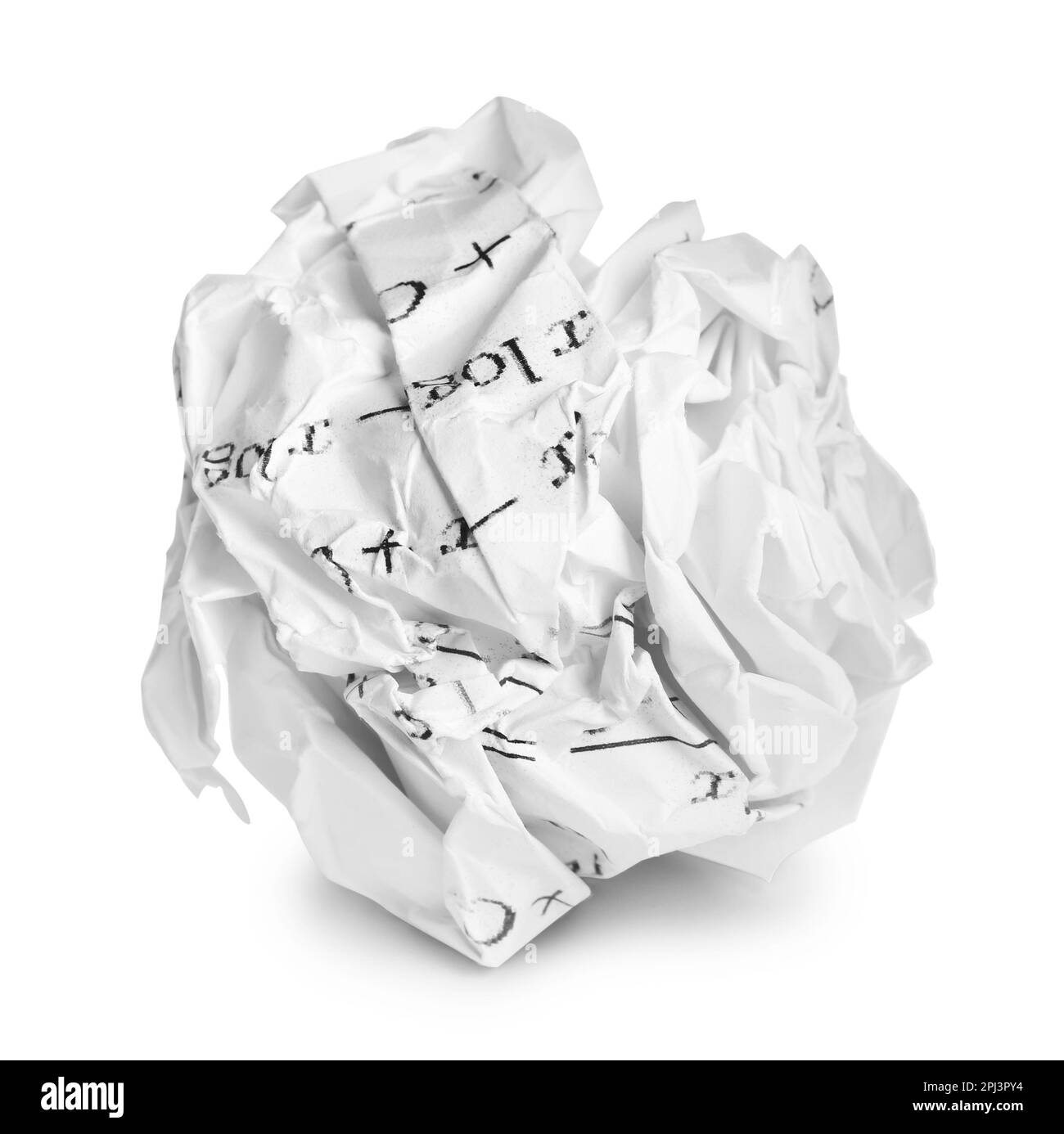 Crumpled sheet of paper with math equations isolated on white Stock