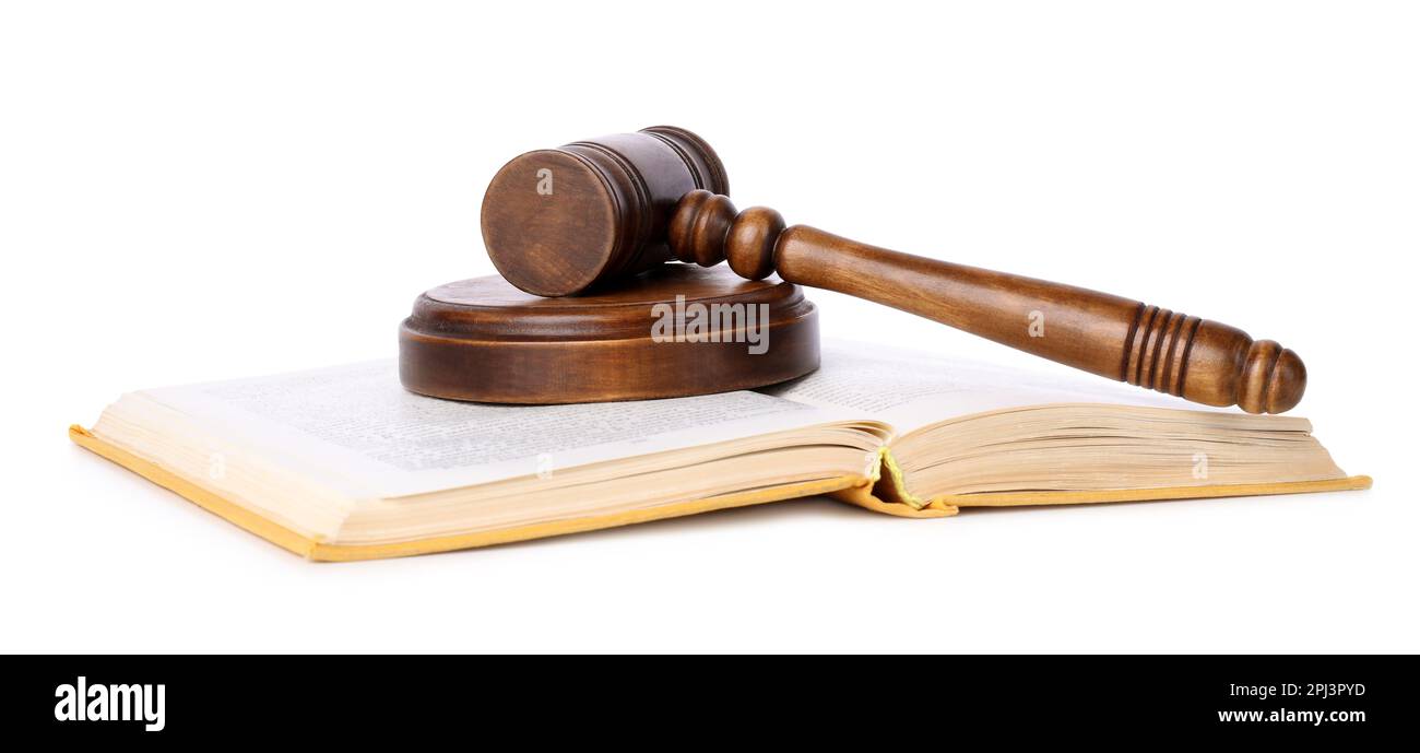 Wooden gavel and open book on white background Stock Photo - Alamy