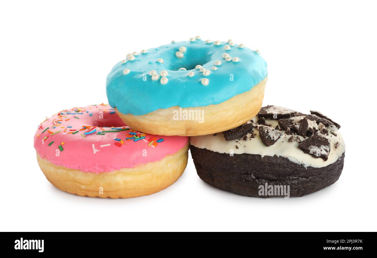 Sweet tasty glazed donuts on white background Stock Photo - Alamy