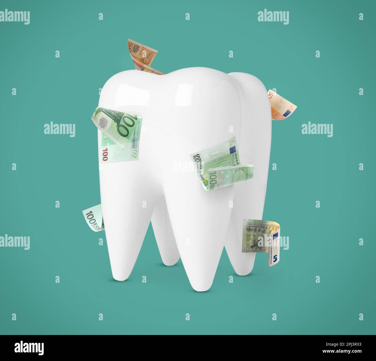 Model of tooth with dollar banknotes on teal background. Concept of