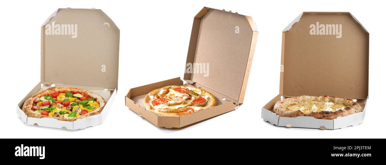 Set with different delicious hot pizzas in cardboard boxes on white