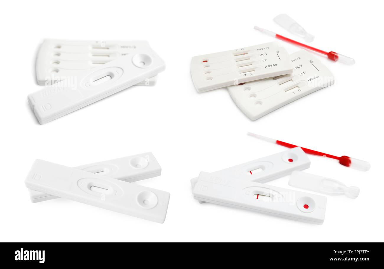 Set with disposable express test kits for hepatitis on white background