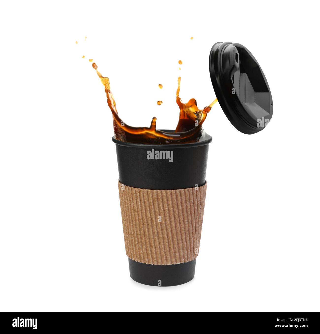 Takeaway paper cup with splashing coffee and plastic lid on white ...