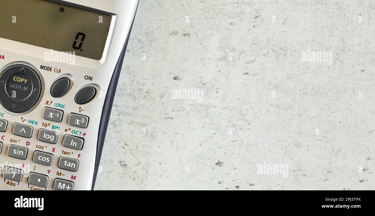 Scientific calculator, closeup detail on display with zero, space for