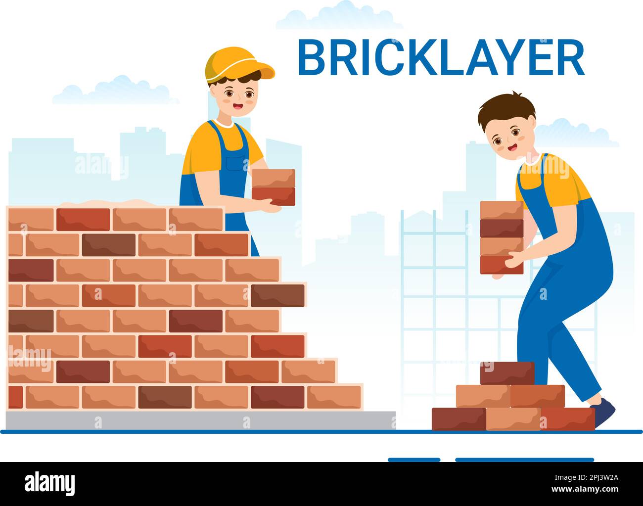 Bricklayer Worker Illustration with People Construction and Laying Bricks for Building a Wall in Flat Cartoon Hand Drawn Landing Page Templates Stock Vector