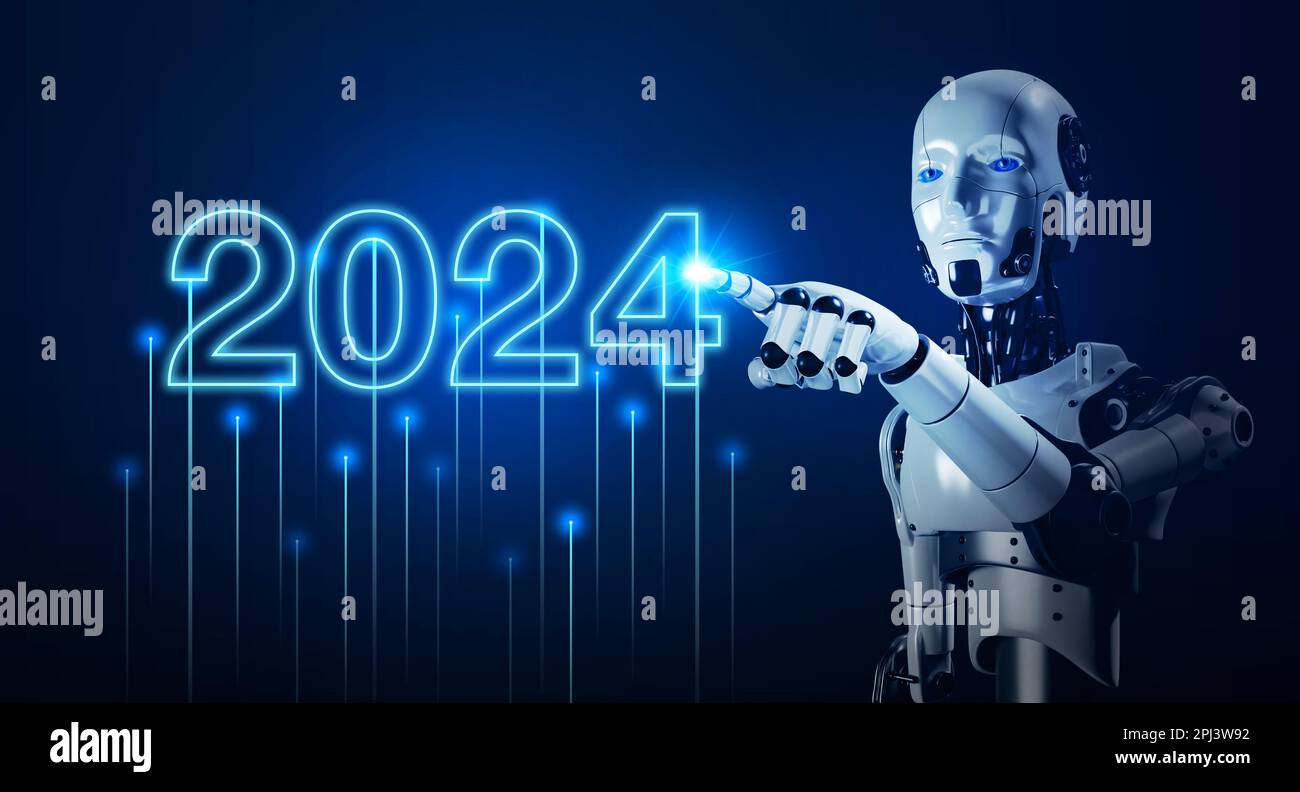 3d rendering AI robot humanoid touching on 2024 calendar year number