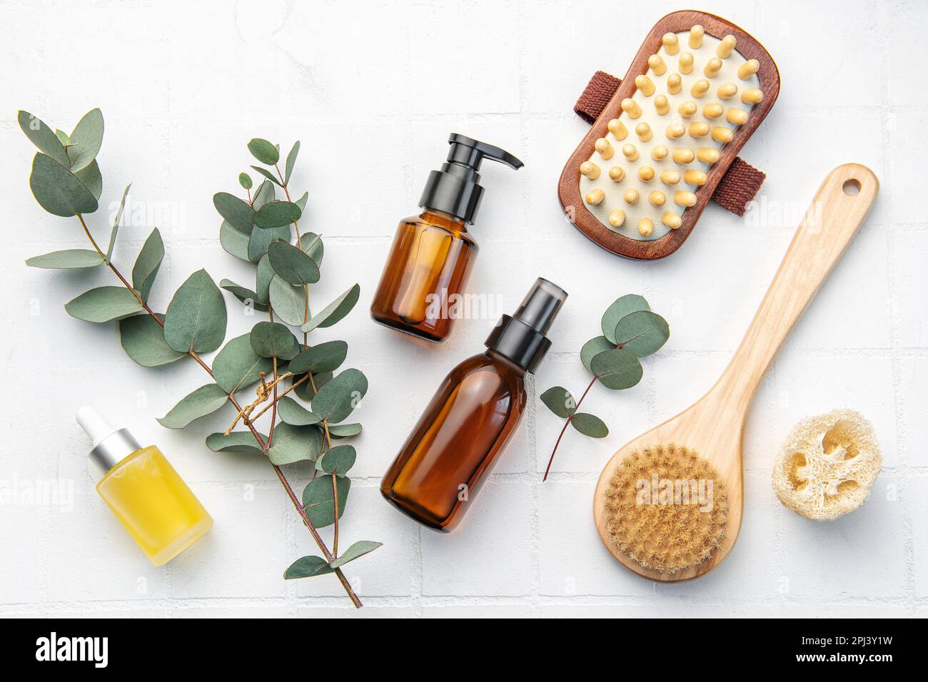Spa treatment concept. natural spa cosmetics products with eucalyptus