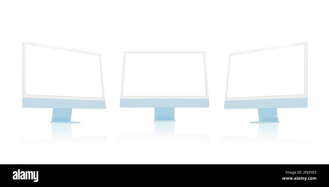 Three computer displays in side and front position. Isolated screen for