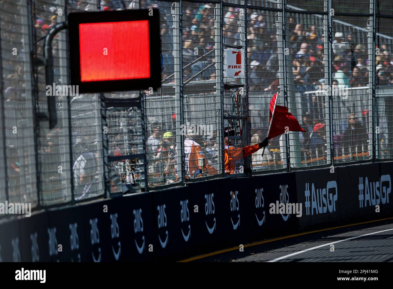 Melbourne, Australia. 31st Mar, 2023. Marshal waves red flag, F1 Grand Prix of Australia at
