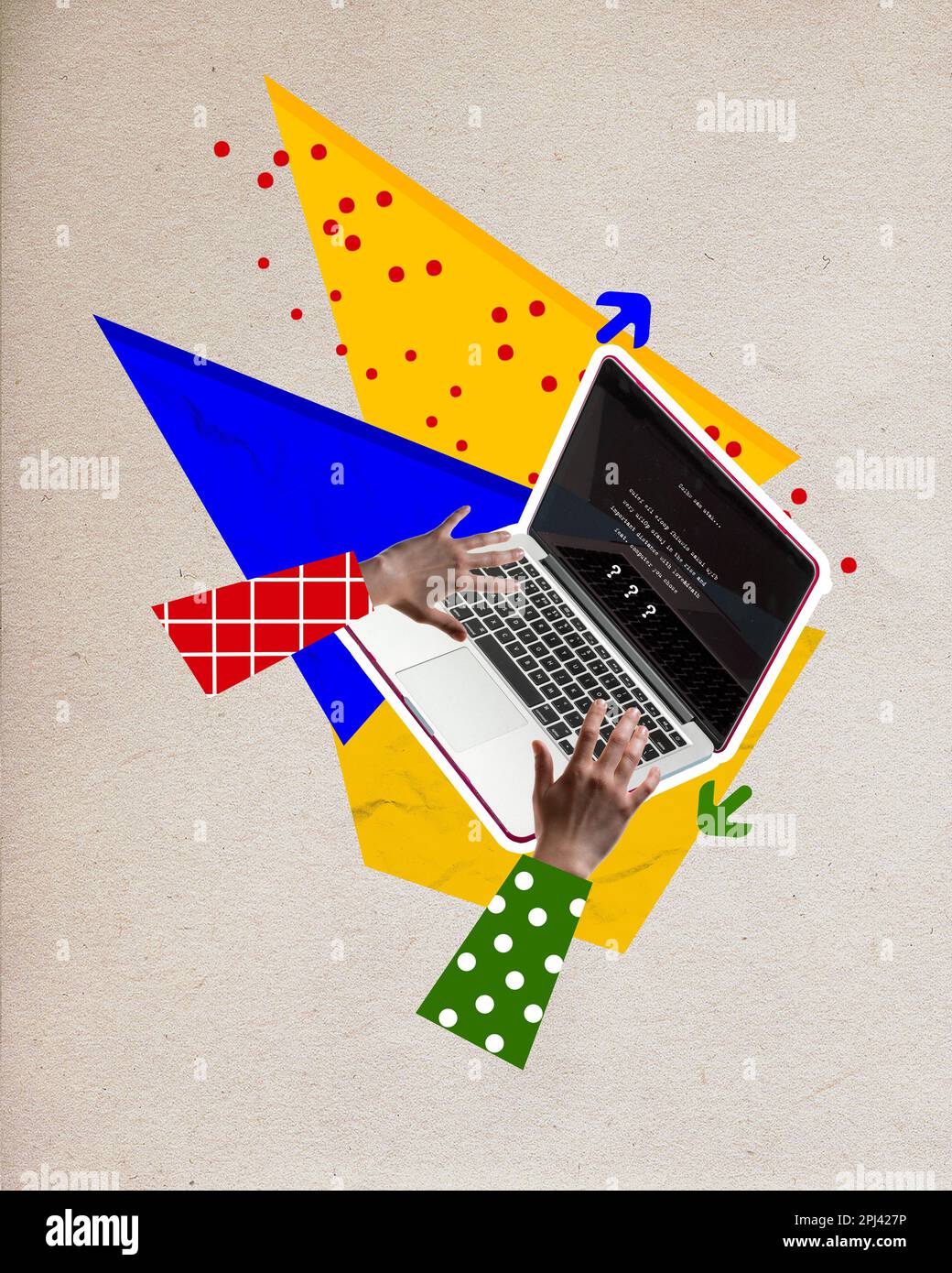 IT job. Human hands typing on laptop, writing programme codes. Developing new web sites or applications. Contemporary art collage. Creative design Stock Photo