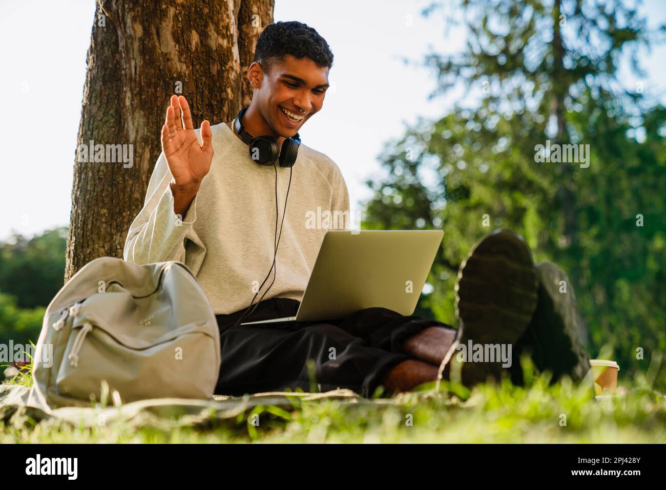 Young black man smiling and using laptop while sitting under tree in park Stock Photo