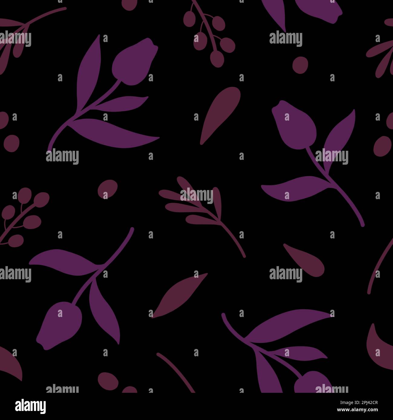 Simple floral silhouettes seamless pattern. Pink flowers on black background Stock Photo