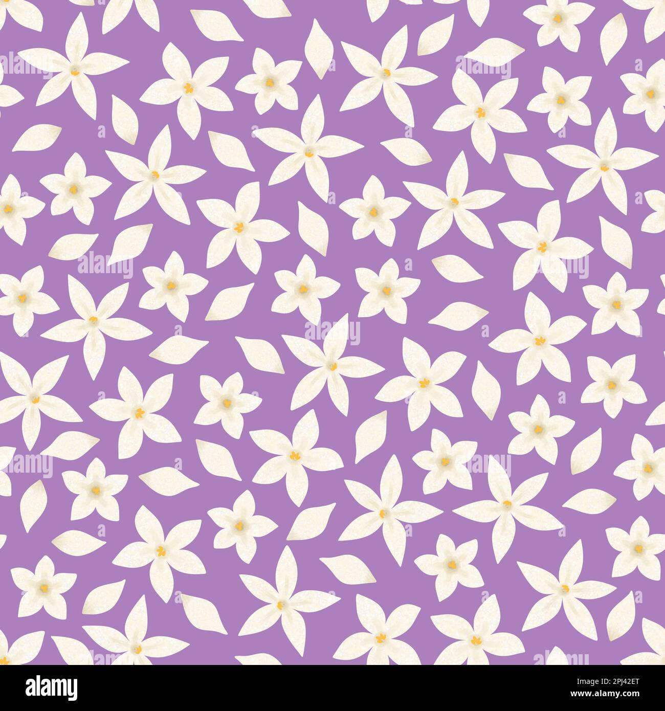 Spring floral seamless pattern. White tiny hand drawn flowers on purple background. Fashion allover illustration Stock Photo