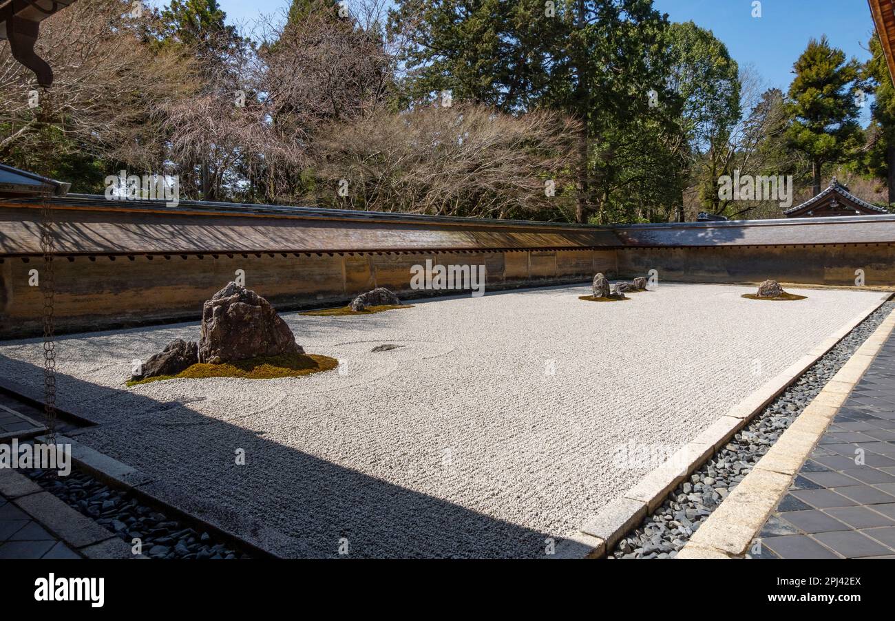 View of raked dry zen garden at RyoanJi Temple in Kyoto , Japan Stock Photo