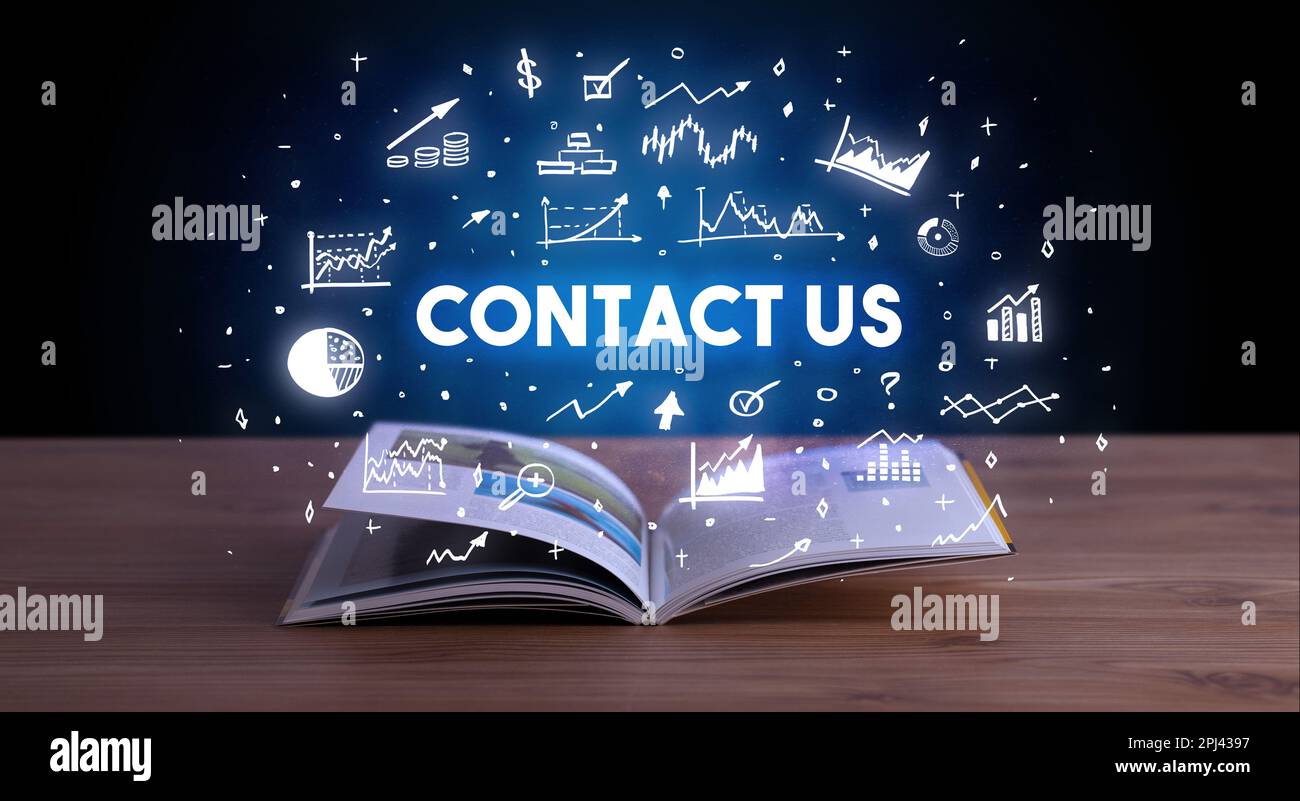 Business Book Inscriptions Examples Business inscription coming out from an open book Stock Photo - Alamy