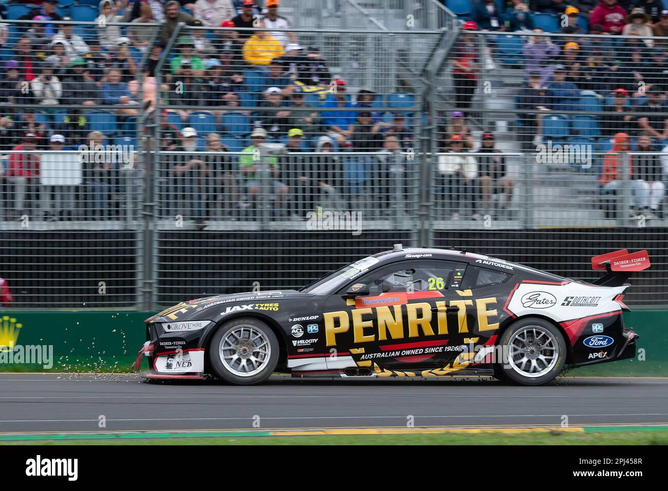 Melbourne, Australia, 31 March, 2023. David Reynolds (26) driving for Grove Racing clears his car of stones after running off the track during Supercars Race 2 at The Australian Formula One Grand Prix on March 31, 2023, at The Melbourne Grand Prix Circuit in Albert Park, Australia. Credit: Dave Hewison/Speed Media/Alamy Live News Stock Photo