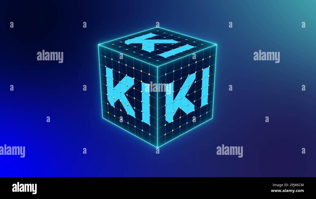 Cube with inscription KI - Concept of Visualization of Artificial Intelligence (in german Kuenstliche Intelligenz) on blue background Stock Photo