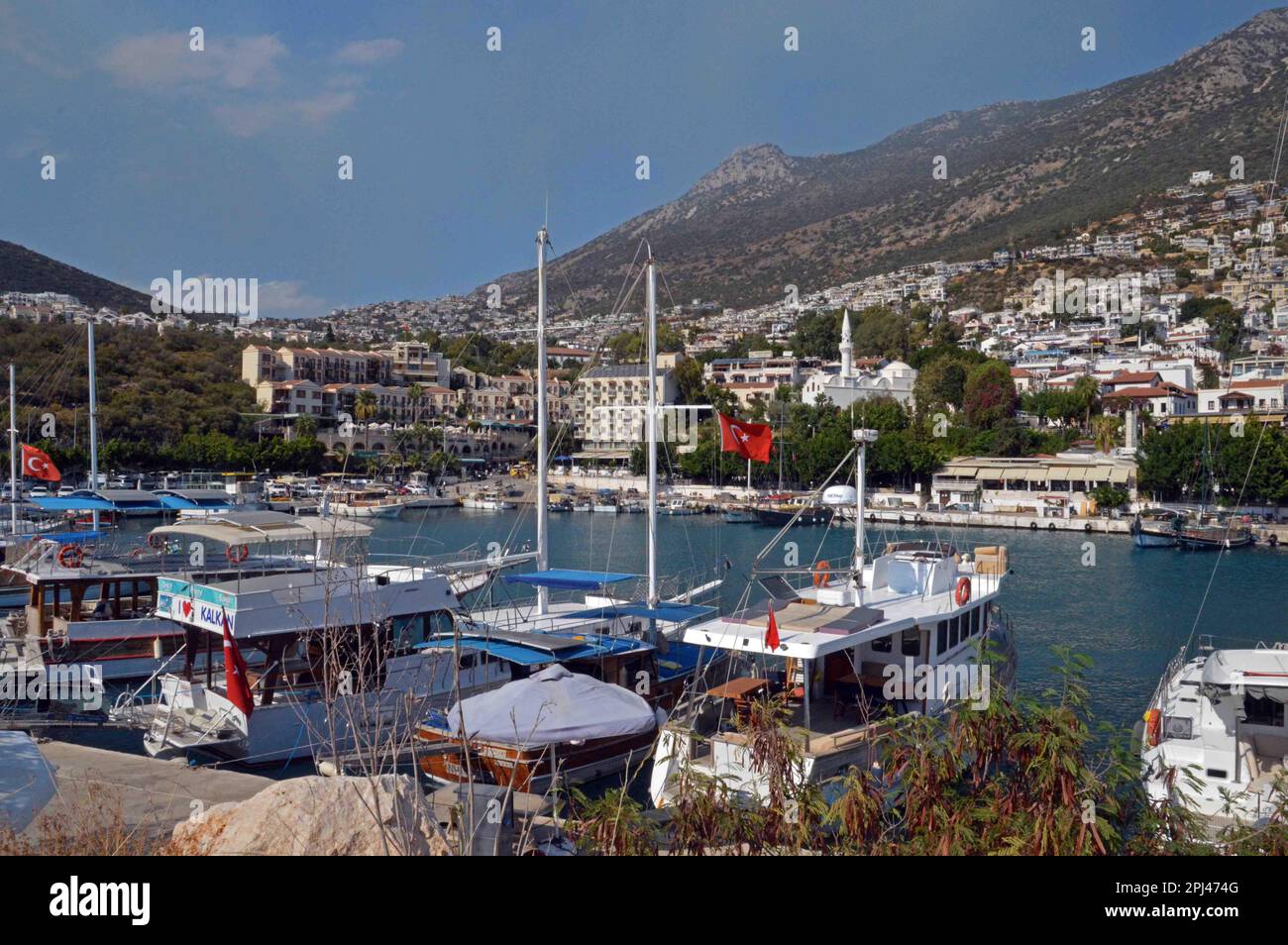 Turkey, Antalya, Lycia, Kalkan: view of the harbour and residential ...