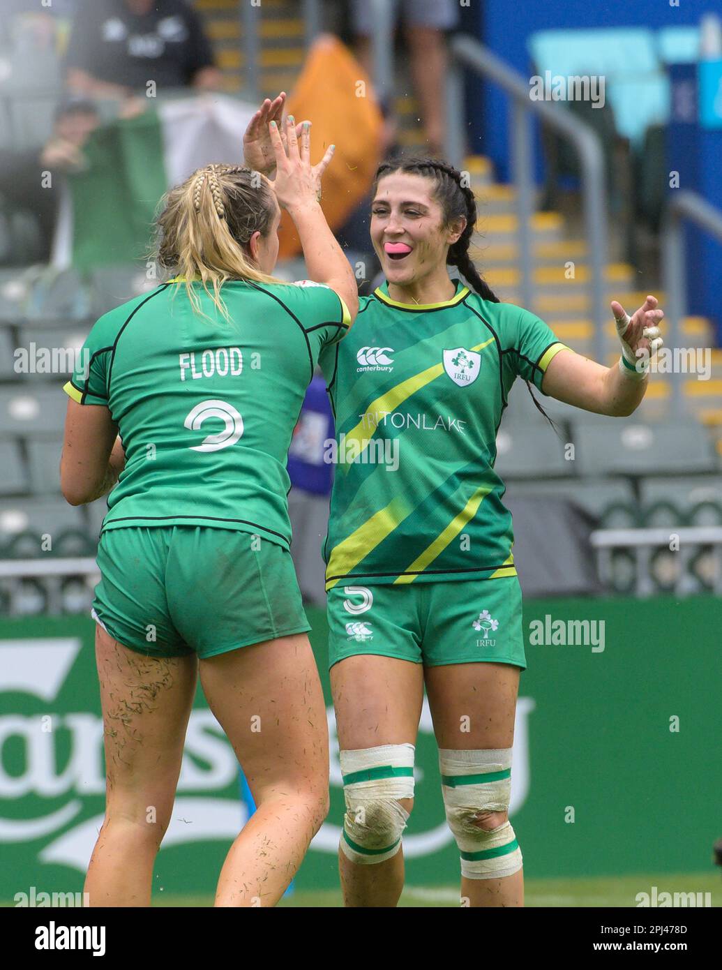 Hong Kong, China. 31st Mar, 2023. Irelands Stacey Flood scores a try in
