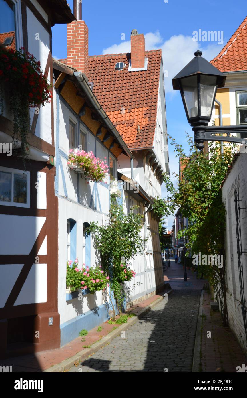 Germany, Lower Saxony, Hildesheim:  timber-frame houses in Knollenstrasse which largely escaped war-damage. Stock Photo