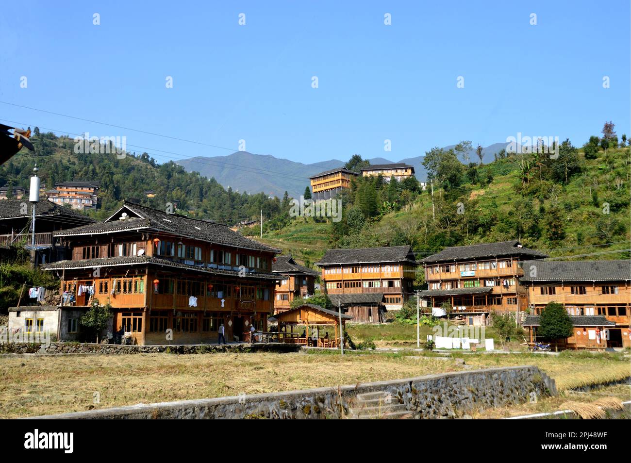 People's Republic of China, Guangxi Province, Dazhai:  wooden houses of the Yao people, who are traditional woodworkers. Stock Photo