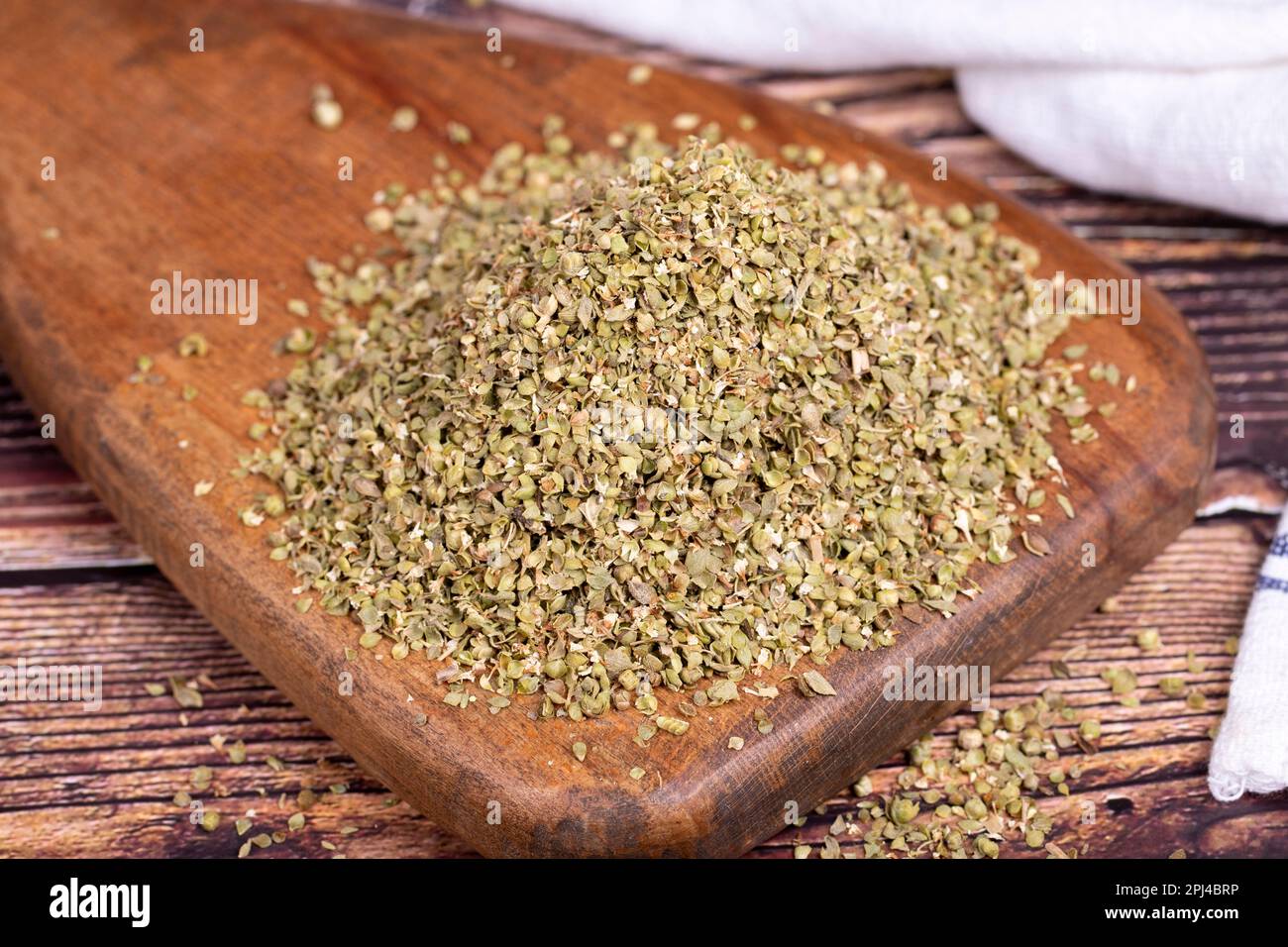 Thyme spice. Wood serving board Dried Thyme leaf. Spice concept Stock