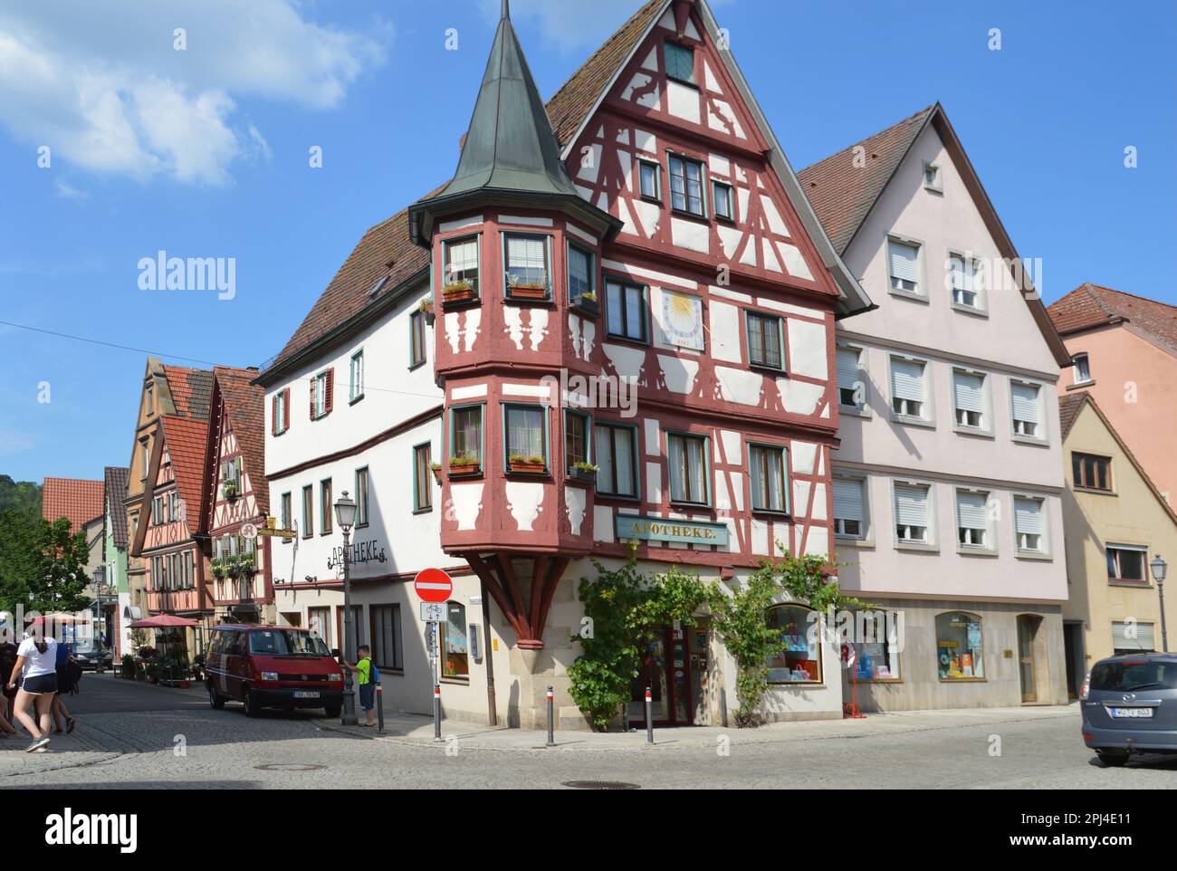 Germany, Baden-Württemberg, Creglingen: the old pharmacy, a timber-frame building with a fine oriel on the Hauptstrasse (main street). Stock Photo