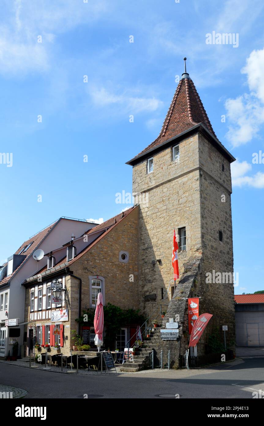Germany, Baden-Württemberg, Creglingen:  Faulturm (tower) one of the remaining defence towers with built-on timber-frame houses. Stock Photo