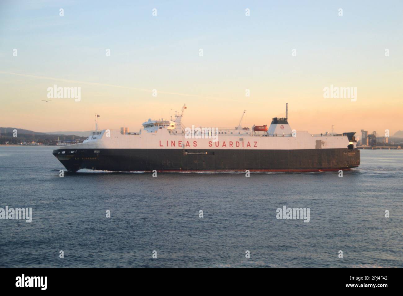 Spain, Andalusia, Algeciras:  ferryboat 'La Surprise' of Lineas Suardiaz entering the harbour at first light. Stock Photo