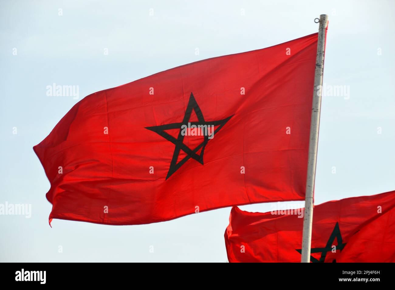 Morocco, Meknes:   the Moroccan flag with five-pointed star symbolising the five  pillars of Islam. Stock Photo