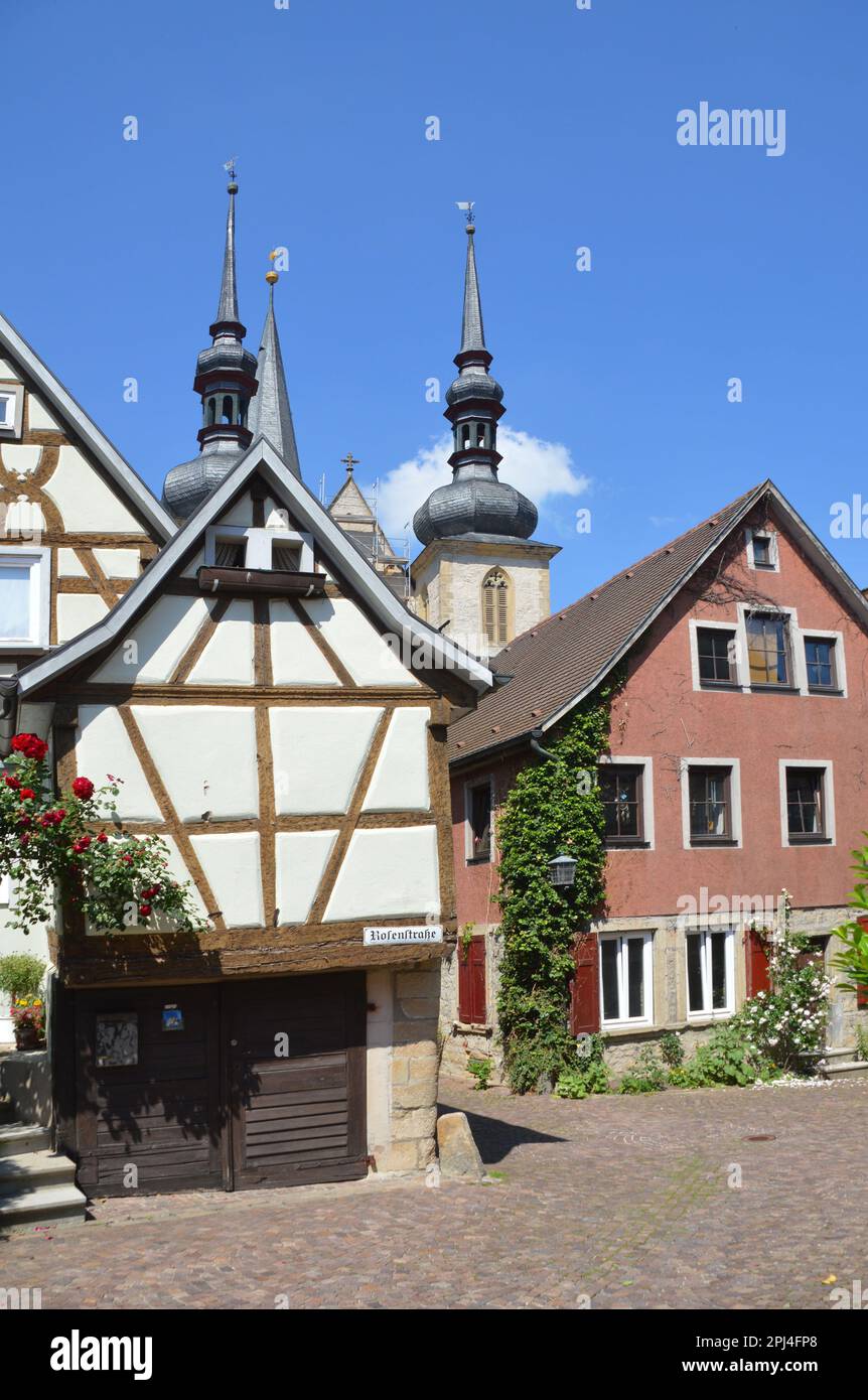 Germany, Baden-Württemberg, Weikersheim:  old burgher houses, some with timber frames, on the Rosenstrasse. Stock Photo