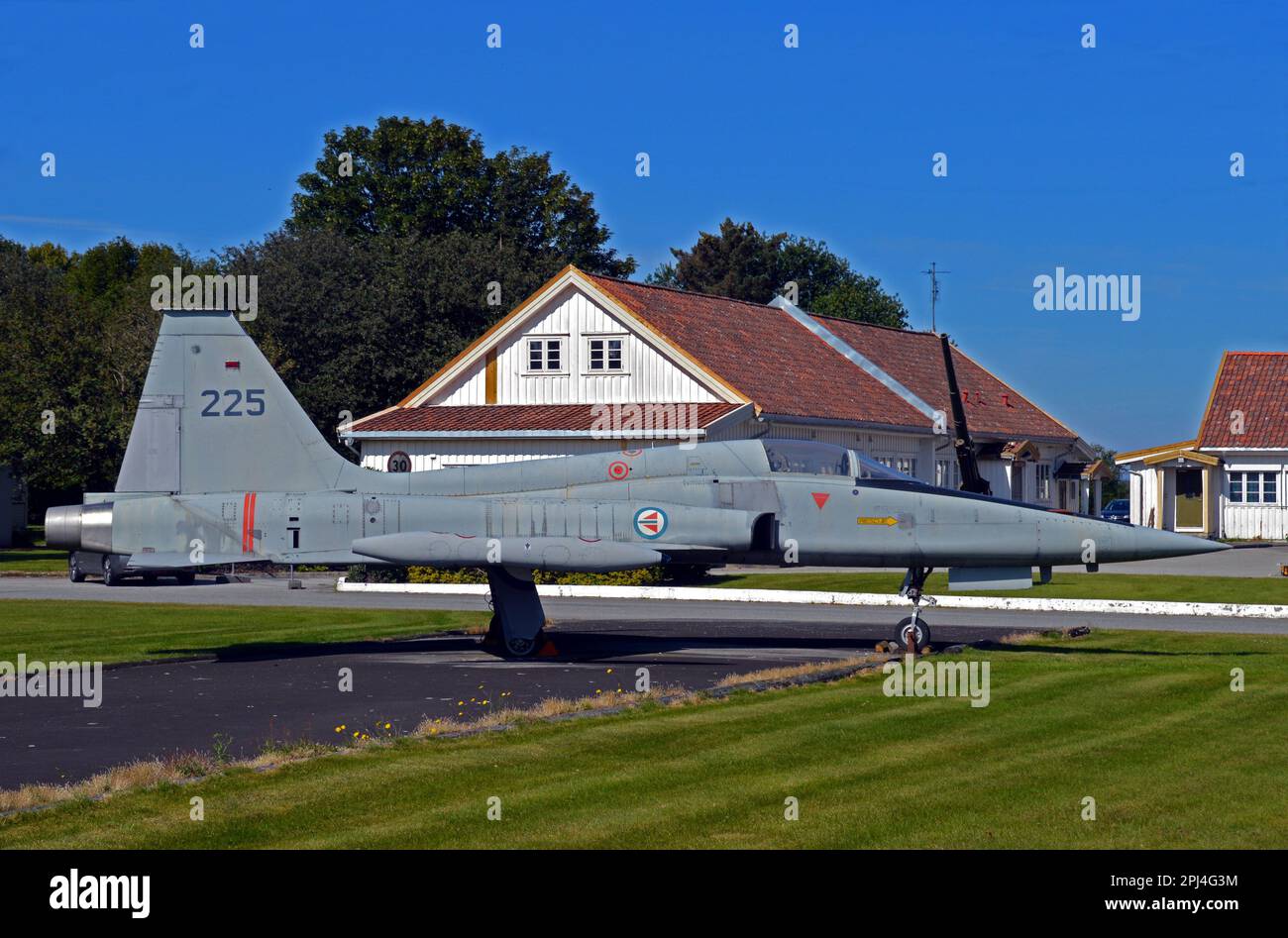 Northrop F-5B Freedom Fighter "225" of the Royal Norwegian Air Force, preserved at Sola Airbase, Stavanger, Norway. Stock Photo