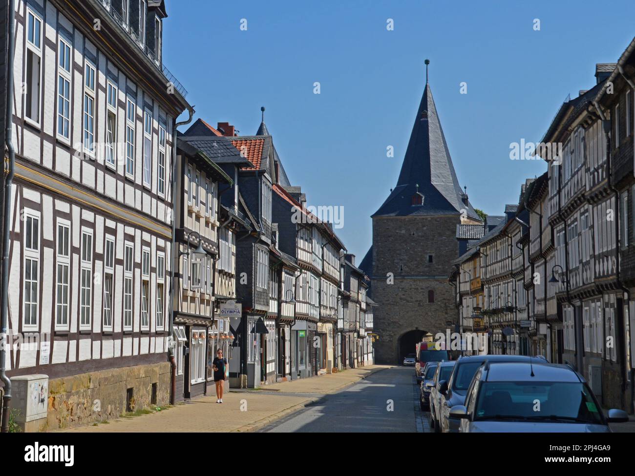 Germany, Lower Saxony, Goslar:  Breites Tor ('Wide Gate'), built in 1443, at the end of the Breite Strasse, lined with old timber frame houses. Stock Photo