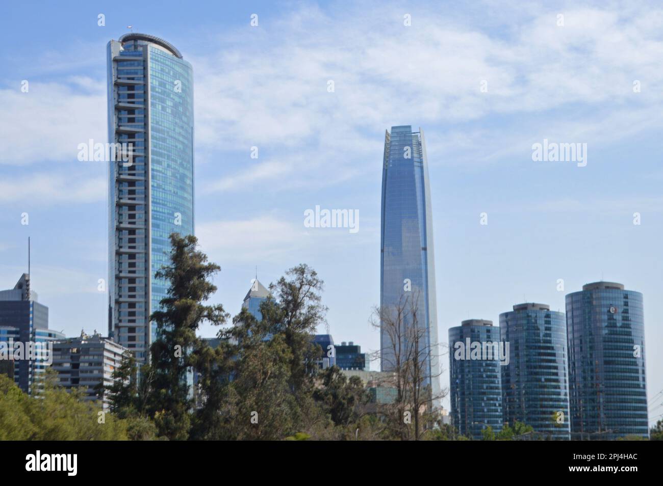 Chile. Santiago: high-rise buildings in Santiago's newly developing north-east, including the Gran Torre Santiago, and the Titanium La Portada buildin Stock Photo
