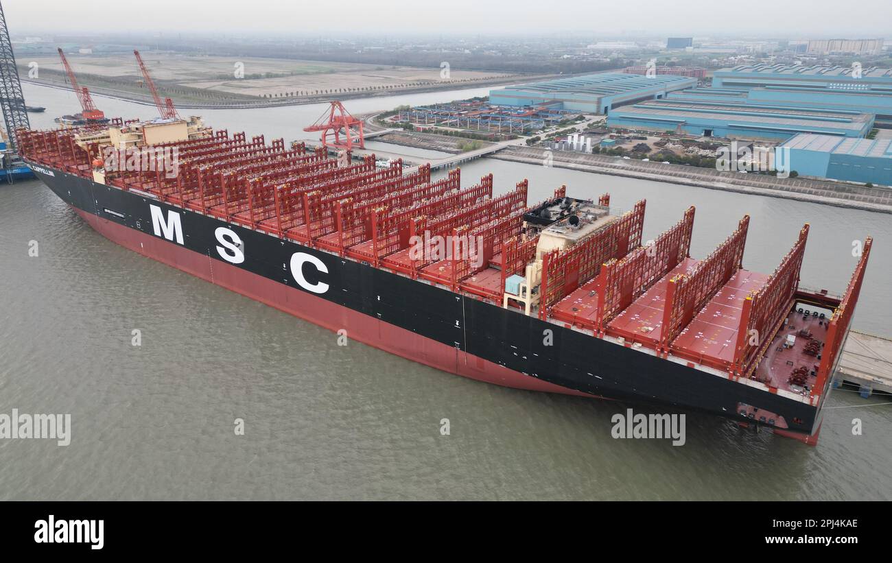 Aerial photo shows the world's largest container ship Xinfu 104 under ...